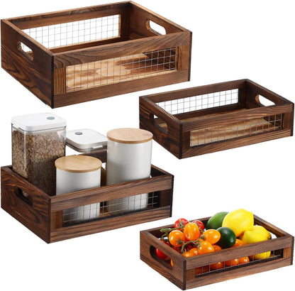 FillTouch 4 Pcs Wooden Nesting Countertop Baskets 4 Size Wooden Storage Box with Handle and Metal Wire Multipurpose Wood Organizer Crate for Fruit Vegetable Kitchen Cabinet Bathroom(Dark Brown,Small)