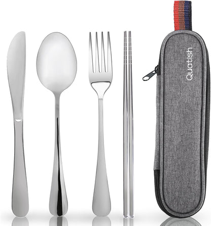 Travel Utensils with Case, Quatish Portable Silverware Set for Work, Stainless Steel Reusable Travel Cutlery Set, Fork and Spoon Set for Camping, EDC Gadgets, Lunch Box for Men, Purple