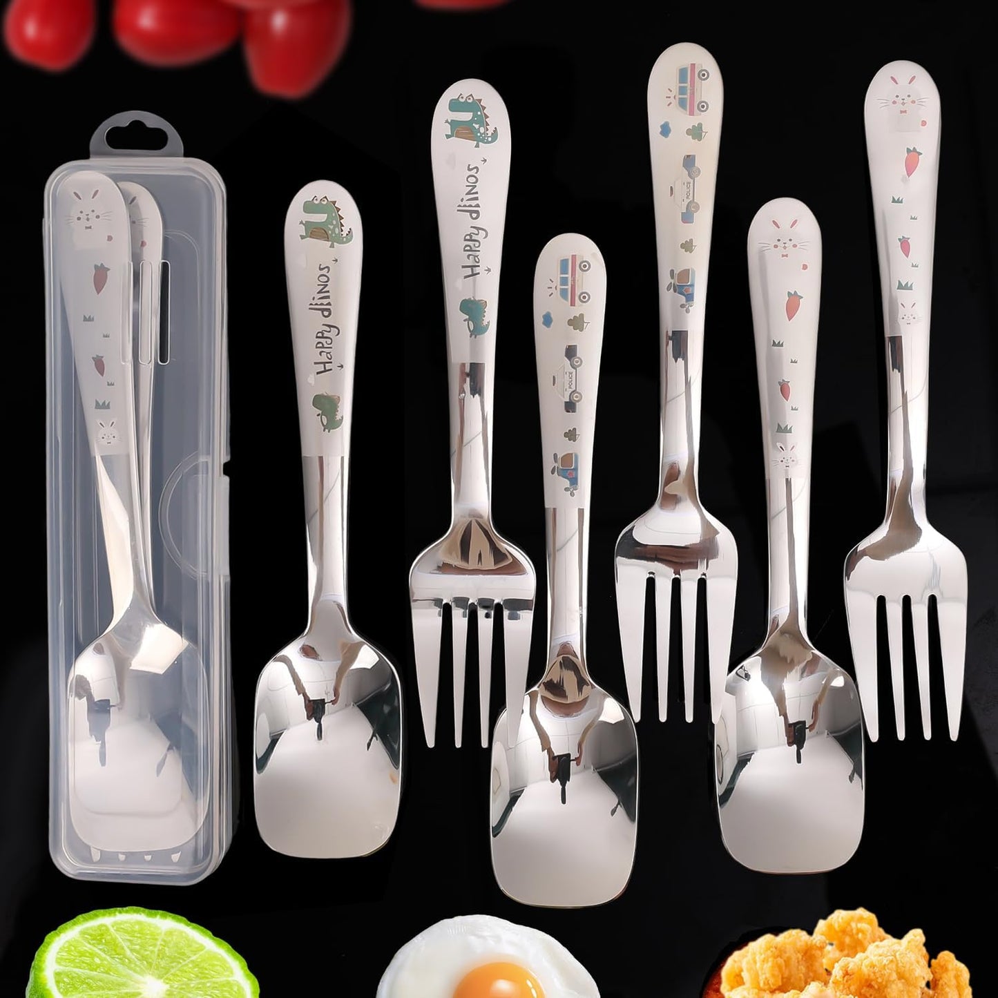 Cute Cartoon Spoon Fork Dinnerware Sets with Case Cute Kawaii Portable Travel Stainless Steel Cutlery Set Kitchen Utensils Tableware (Monsters,16.5x4cm)