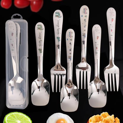 Cute Cartoon Spoon Fork Dinnerware Sets with Case Cute Kawaii Portable Travel Stainless Steel Cutlery Set Kitchen Utensils Tableware (Monsters,16.5x4cm)
