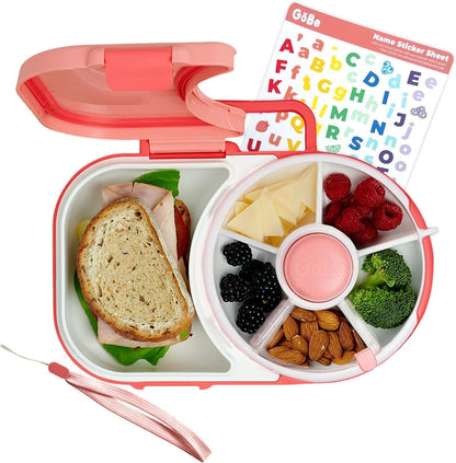 GoBe Kids Lunchbox with Small Snack Spinner Flip - Bundle with Hand Strap & Sticker Sheet, 2-in-1 Bento Style Lunch Container, 5 Small +1 Large Sandwich Compartment, BPA & PVC Free- Macaron Blue