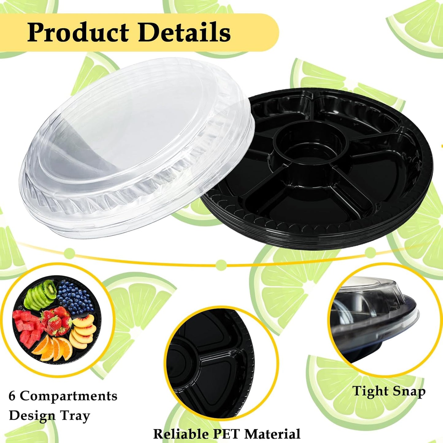 Tiaiidi 12 Pack Plastic Appetizer Trays with Lids,Disposable Compartment Serving Platters,6 Sectional Catering Trays for Serving Food