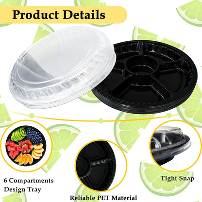 Tiaiidi 12 Pack Plastic Appetizer Trays with Lids,Disposable Compartment Serving Platters,6 Sectional Catering Trays for Serving Food