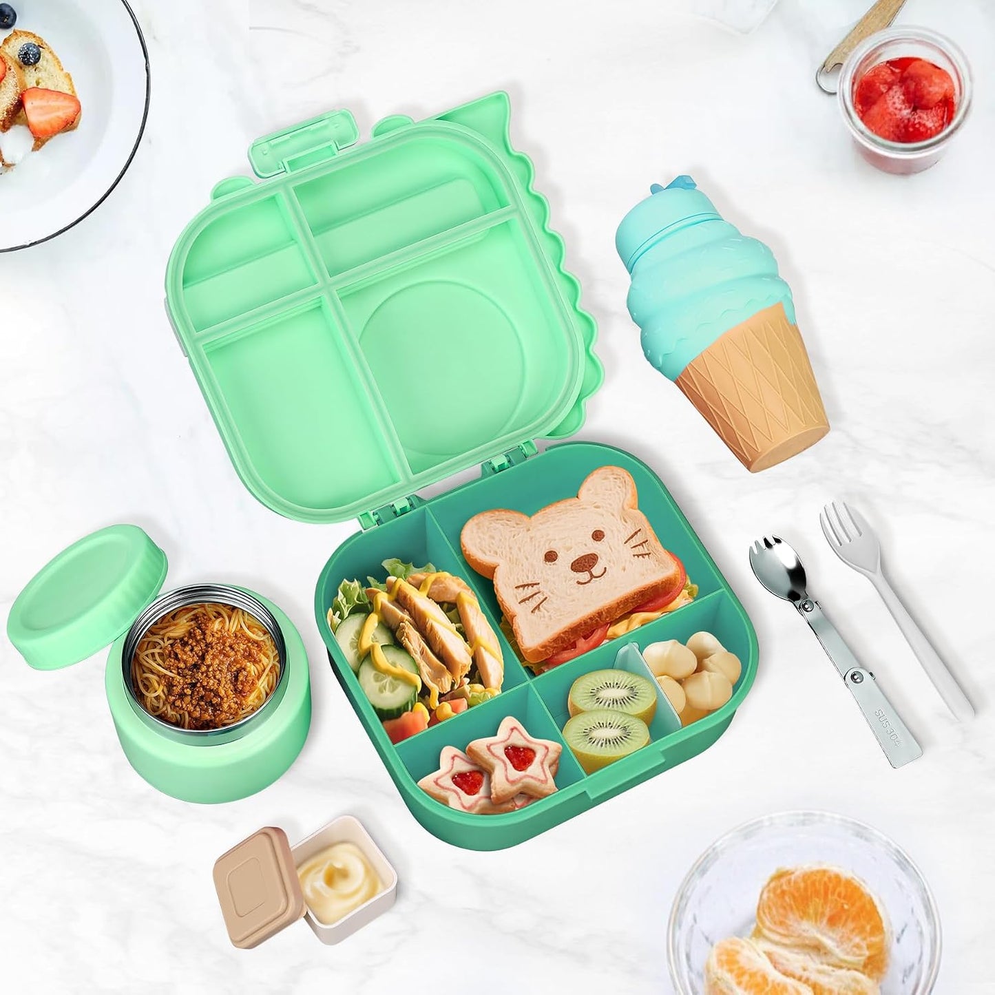 Aimsnk Magical Dinosaur Kids Lunch Box Set -12oz Insulated Food Jar, Leakproof Lunch Food Containers Cutlery, Leak-Proof Sauce Cup & Spoon, Gradient Green+Jar Green