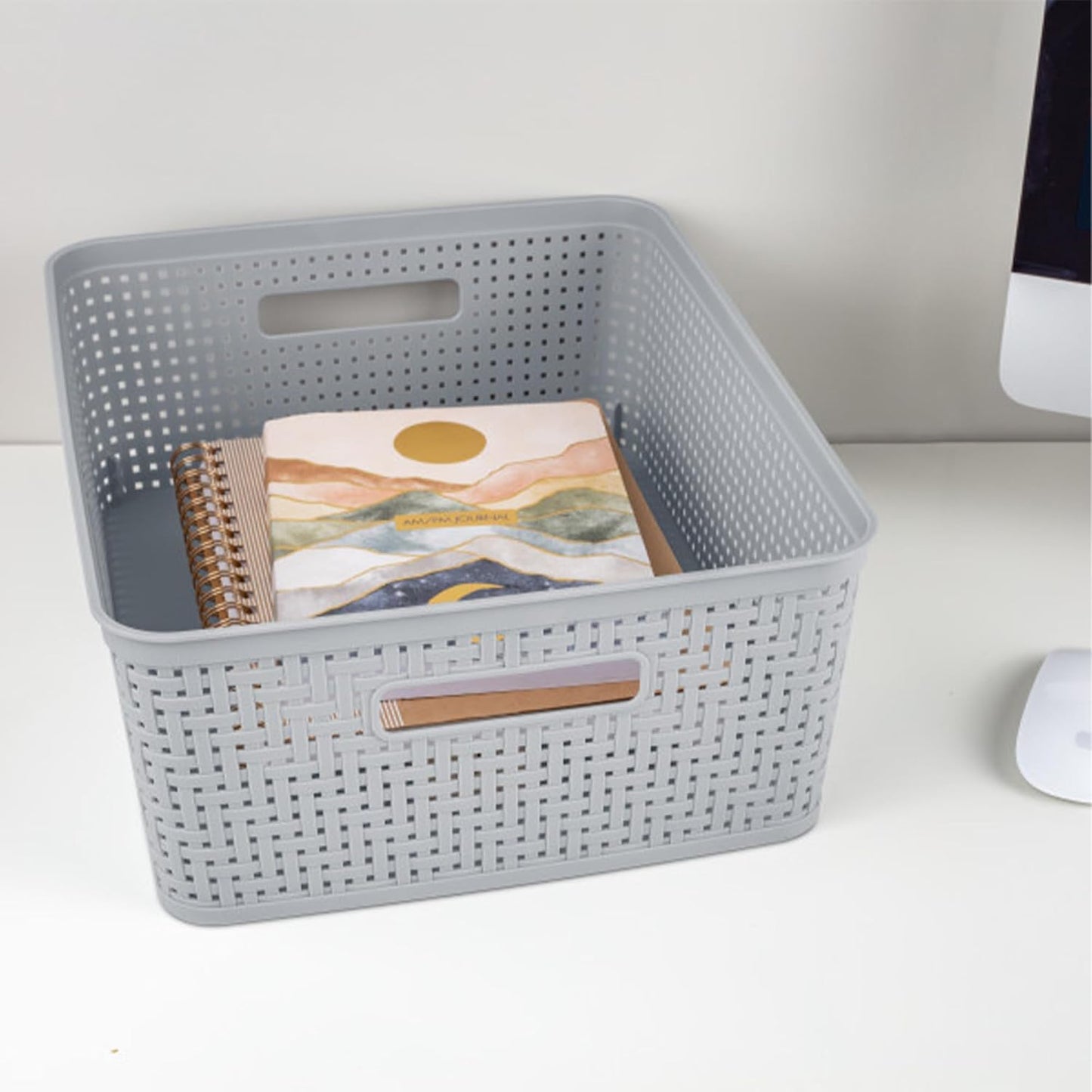 Sterilite 6-Pack Tall Basket, Woven Plastic Storage Baskets for Organization, Cement - Organizing Bin Containers with Handles for Bedroom, Bathroom, Dorm, and Closet