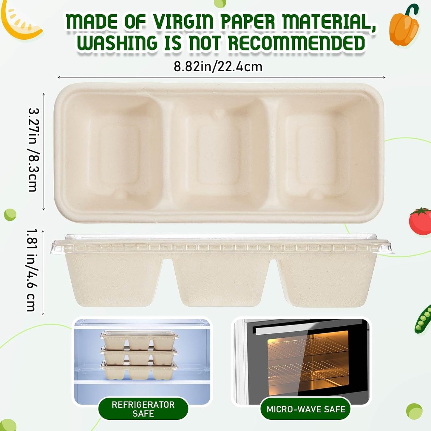 Hushee 50 Pack 17 oz 3 Compartment Snack Container Paper Small Meal Prep Containers with Lid, Disposable Bento Box Travel Lunch Food Boxes Stackable for Office Picnic