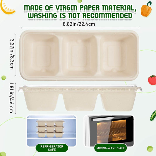 Hushee 50 Pack 17 oz 3 Compartment Snack Container Paper Small Meal Prep Containers with Lid, Disposable Bento Box Travel Lunch Food Boxes Stackable for Office Picnic