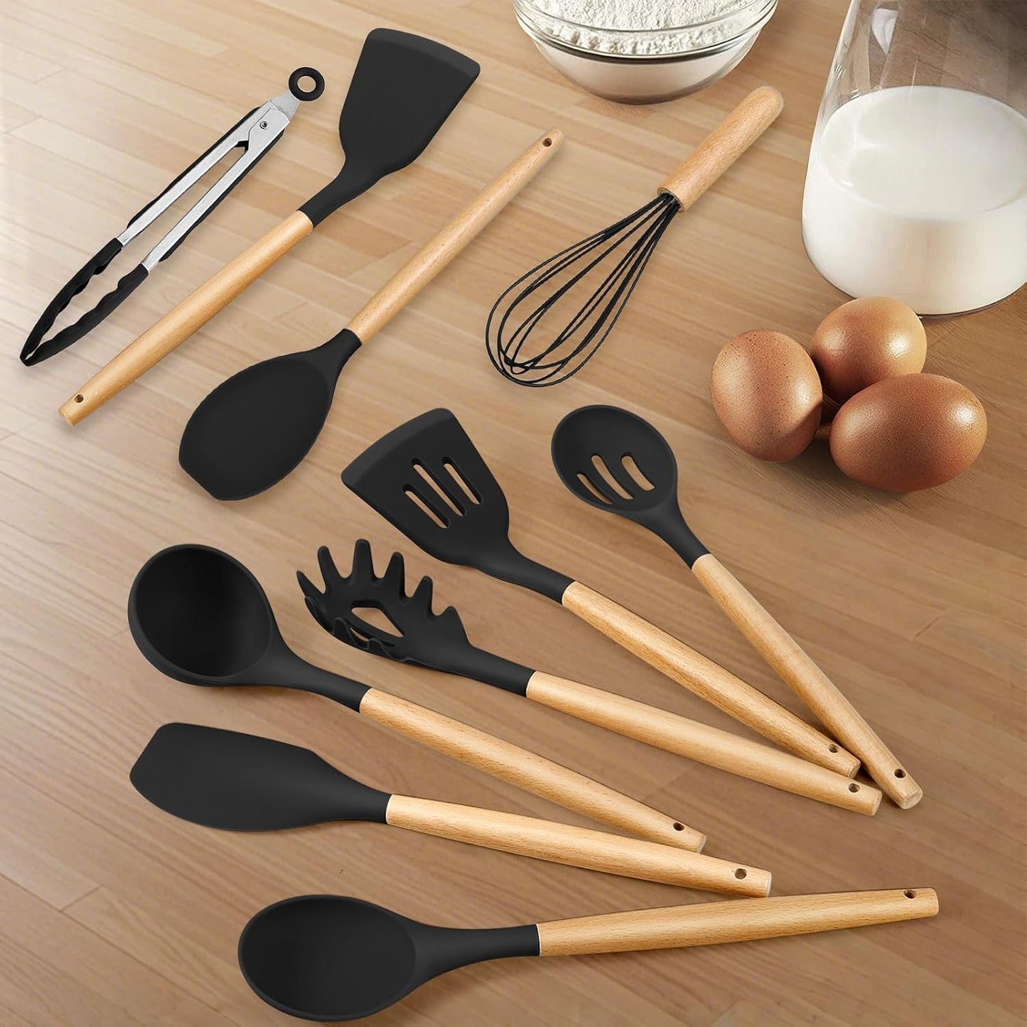 HaWare Silicone Cooking Utensils Set, 10-Piece Chef Kitchen Non-Stick Cookware with Wooden Handle, 450°F Heat Resistant - Khaki
