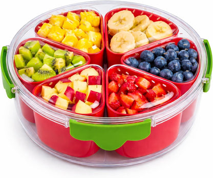 Divided Serving Tray with Lid,Stackable Snackle Box Strawberry Container for Fruits Candy Organizer, Portable Rounded Veggie Tray for Kitchen, Party, Trave and Picnic (Pink)