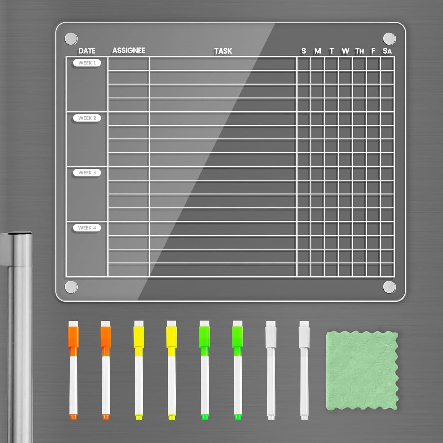 PigPotParty Acrylic Magnetic Chore Chart for Adults, 12x9.5 Inch Clear Dry Erase Chore Board for Fridge, Daily Weekly and Notes Sections, Pre-Installed Embedded Magnets, 8 Fine-tip Markers and Towel