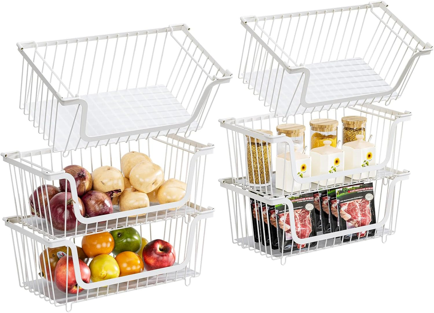 GAOKASE 4 Pcs Stackable Wire Baskets for Pantry Organizers and Storage,Vegetable Fruit Basket for Countertop,Kitchen Storage Metal Baskets,Produce Potato Onion Storage Bin-Black