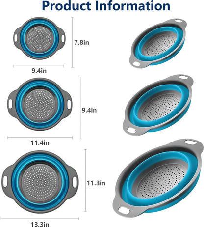 Collapsible Colander Set of 3, Space-Saving Silicone Strainers with Handles, Heat Resistant Food Draining Baskets for Vegetables, Fruits, Pasta, Kitchen, RV & Camping Use (Blue)