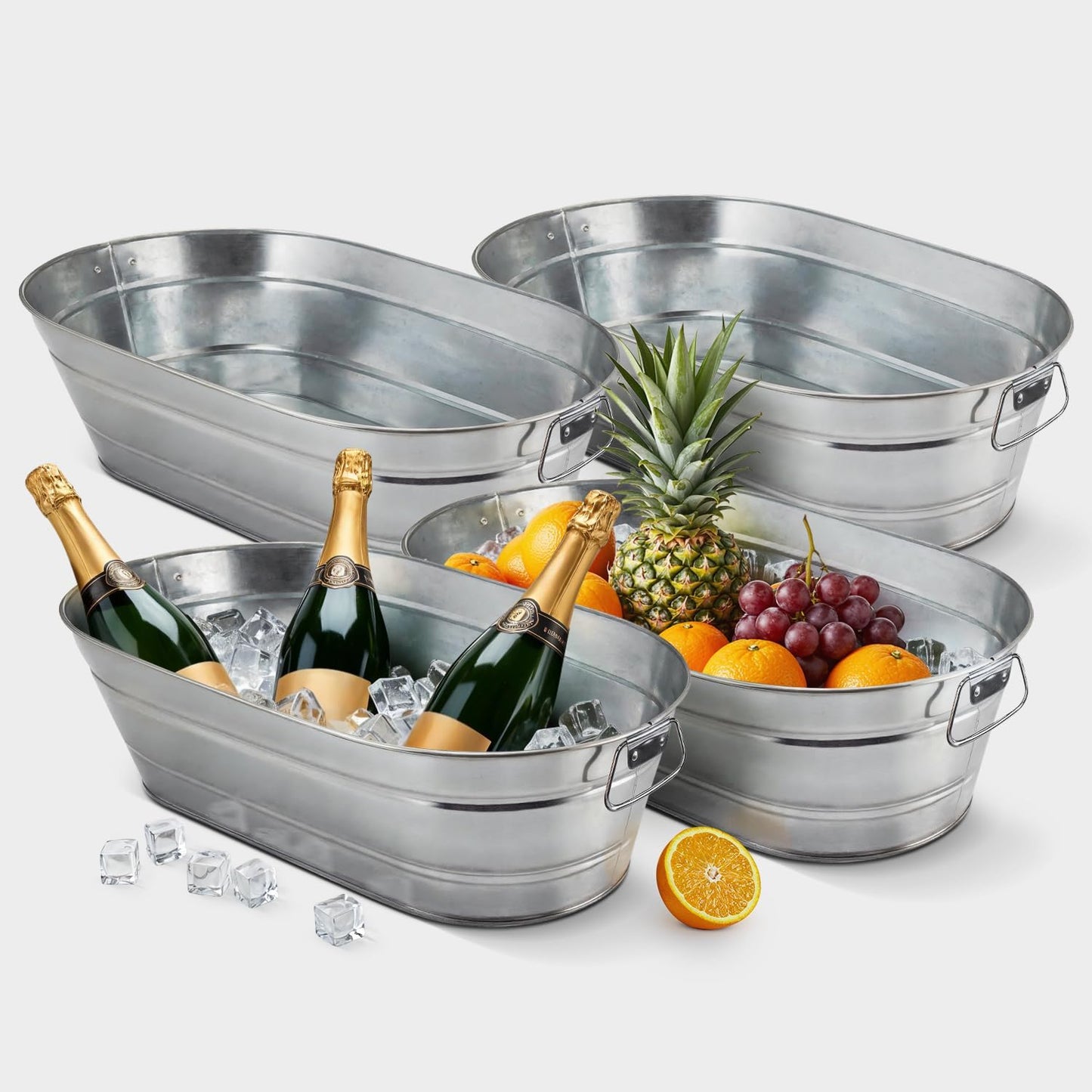 PLEXON Metal Ice Bucket for Parties - Galvanized Tub with Handles - Beverage Tub - Ice Bucket for Cocktail Bar Restaurant - Drink Beer Champagne Chiller Cooler - 5.3 Gallon (20L), Set of 2