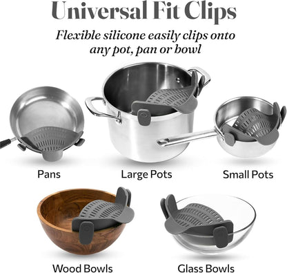 Clip On Strainer Silicone for All Pots and Pans, Pasta Strainer Clip on Food Strainer for Meat Vegetables Fruit Silicone Kitchen Colander (Black)