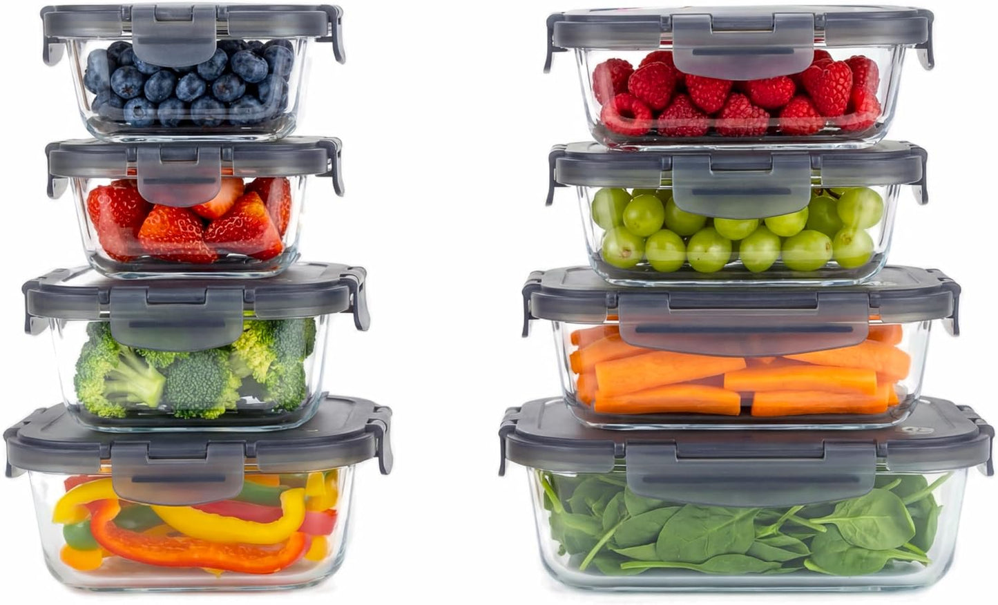 Borosilicate Glass Airtight Food Storage Containers with Vented Lids, Assorted Set of 8 (4 Rectangular & 4 Square)