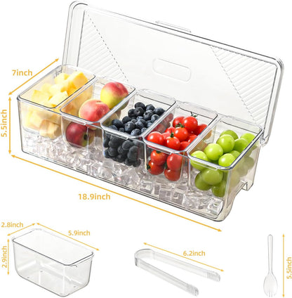 Large Chilled Condiment Caddy,Stackable Chilled Condiment Containers Server with Lids for 5 Removable Compartments (5 Containers, 1 pack)