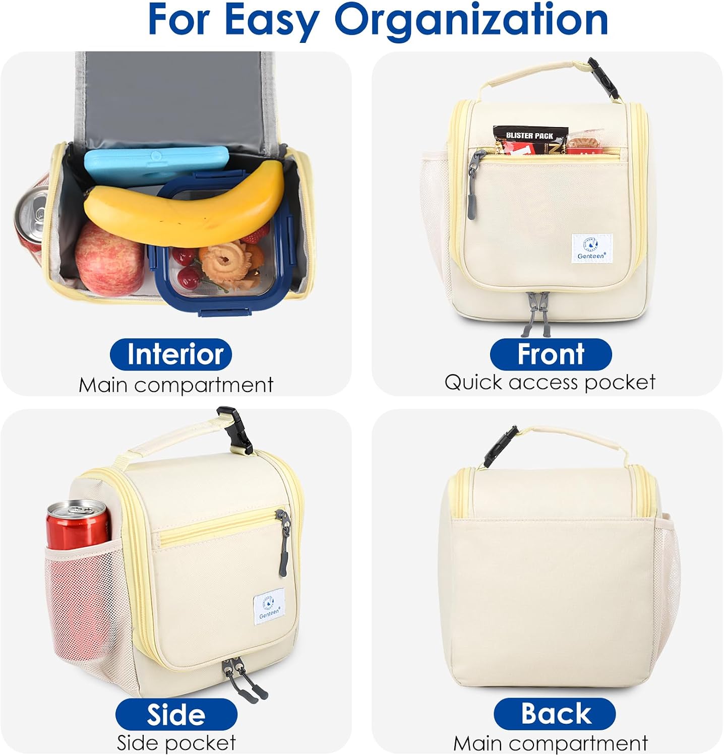 Genteen Kids Lunch Box, Insulated Lunch Bag for Kids, Toddler, Girl, and Boy; Holds Lunch Box, Water Bottle, & Snacks; Easy-Clean Water-Resistant Fabric & Multiple Zippered Pockets (Yellow Blue)