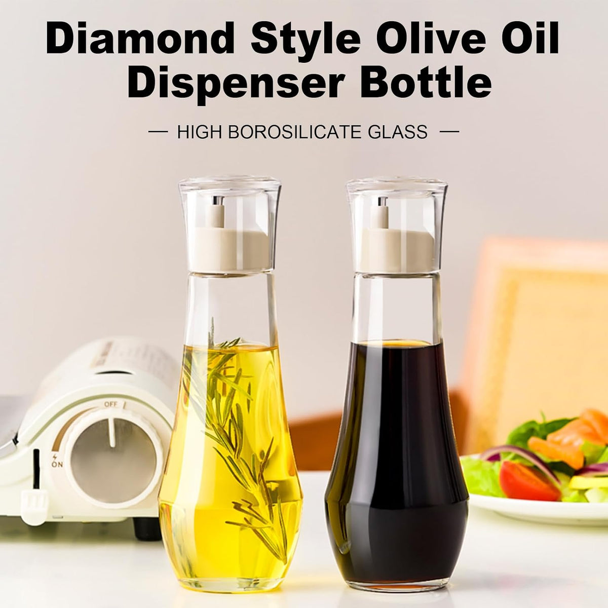 Summark Diamond Olive Oil Dispenser Bottle,Oil and Vinegar Dispenser for kitchen,Elegant Glass Cooking Oil Dispenser,Dispenser Bottle of 10 OZ - Set of 2