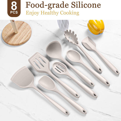 LIANYU Non-Toxic Silicone Kitchen Utensils Set, 8 Piece Non-Scratch Cooking Spoons & Spatulas, Stainless Steel Core, Heat Resistant & Dishwasher Safe, Khaki
