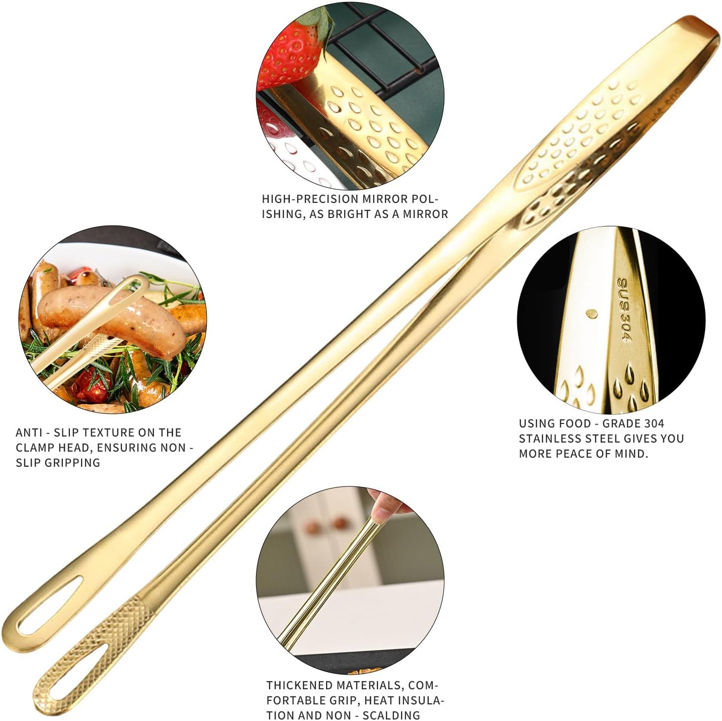 11 Inch Cooking Tweezers Tongs for Cooking,2 PCS KitchenTongs Precision Serrated Tips, Stainless Steel Tweezer Kitchen Tools for BBQ, Plating and Serving (Gold)