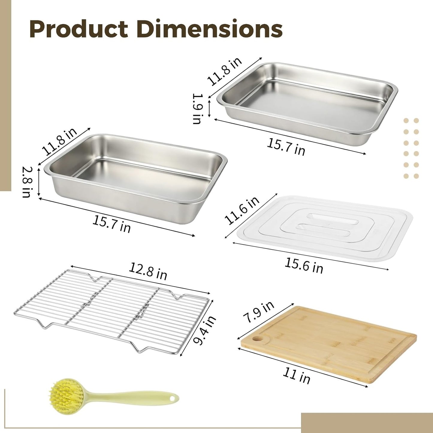 ZALIR Grilling Prep & Serve Trays Kit - 15.7 x 11.8 in Large Capacity Stainless Steel Pans with Lid, Rack, Cutting Board, Tongs, Brush for BBQ, Outdoor Cooking