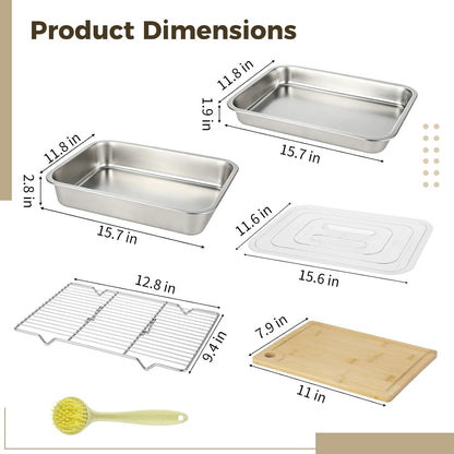 ZALIR Grilling Prep & Serve Trays Kit - 15.7 x 11.8 in Large Capacity Stainless Steel Pans with Lid, Rack, Cutting Board, Tongs, Brush for BBQ, Outdoor Cooking