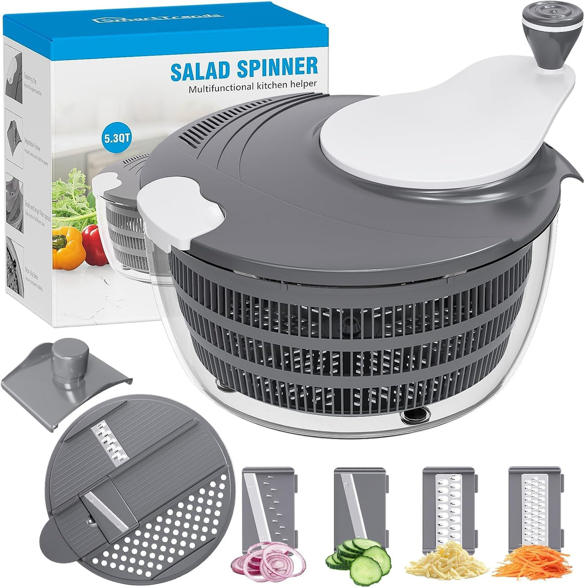 Salad Spinner, 5.3 QT Lettuce Spinner with Strainer & 4 Blades, Green