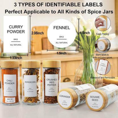 AISIPRIN Glass Spice Jars with 398 Labels, 24 pcs 4oz Spice Containers with Bamboo Lids, Square Spice Bottles With Shaker Lids,Spice Organization for Cabinet,Drawer,Rack,Seasoning Organizer