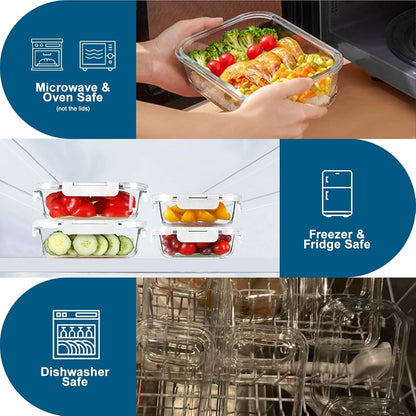 BAYZZ 10 Pack Glass Meal Prep Containers, Glass Food Storage Containers with Lids, Airtight Lunch Box, Freezer,Oven,Microwave and Dishwasher Safe