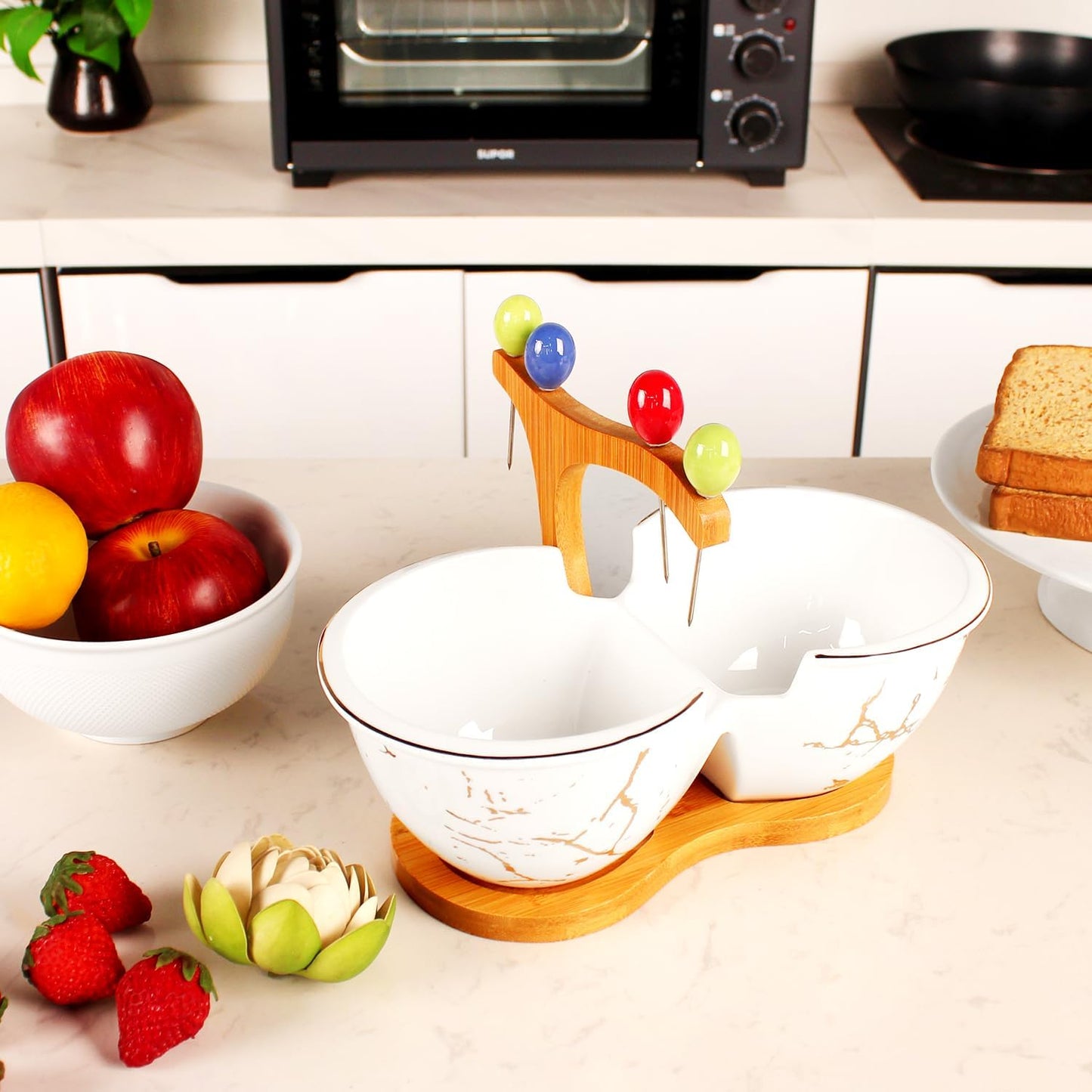 Chip and Dip Bowl Serving Set, Ceramic White Divider Bowl with bamboo base and 4 pcs forks, 34 Oz Seasonings side dishes Bowl Buffet Serving Set, for Entertainment parties, leisure