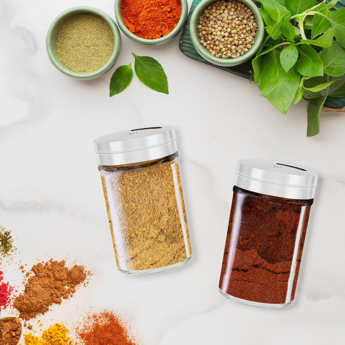 Segarty Spice Jars, 3 oz Spice Bottles with Shaker Lids, Glass Empty Seasoning Containers with Adjustable Pour Holes for Kitchen Spice Storage Stainless Steel Flow Top Salt and Pepper Shakers