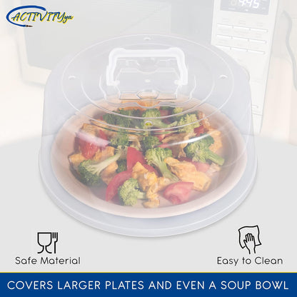 Large Microwave Cover for Food - Splatter Guard Lid - Cake Stand Cover - Size 11.5 In x 5 In Tall - Easy Grip Handle with Steam Vented Holes - BPA Free & Dishwasher Safe | Clear Plastic