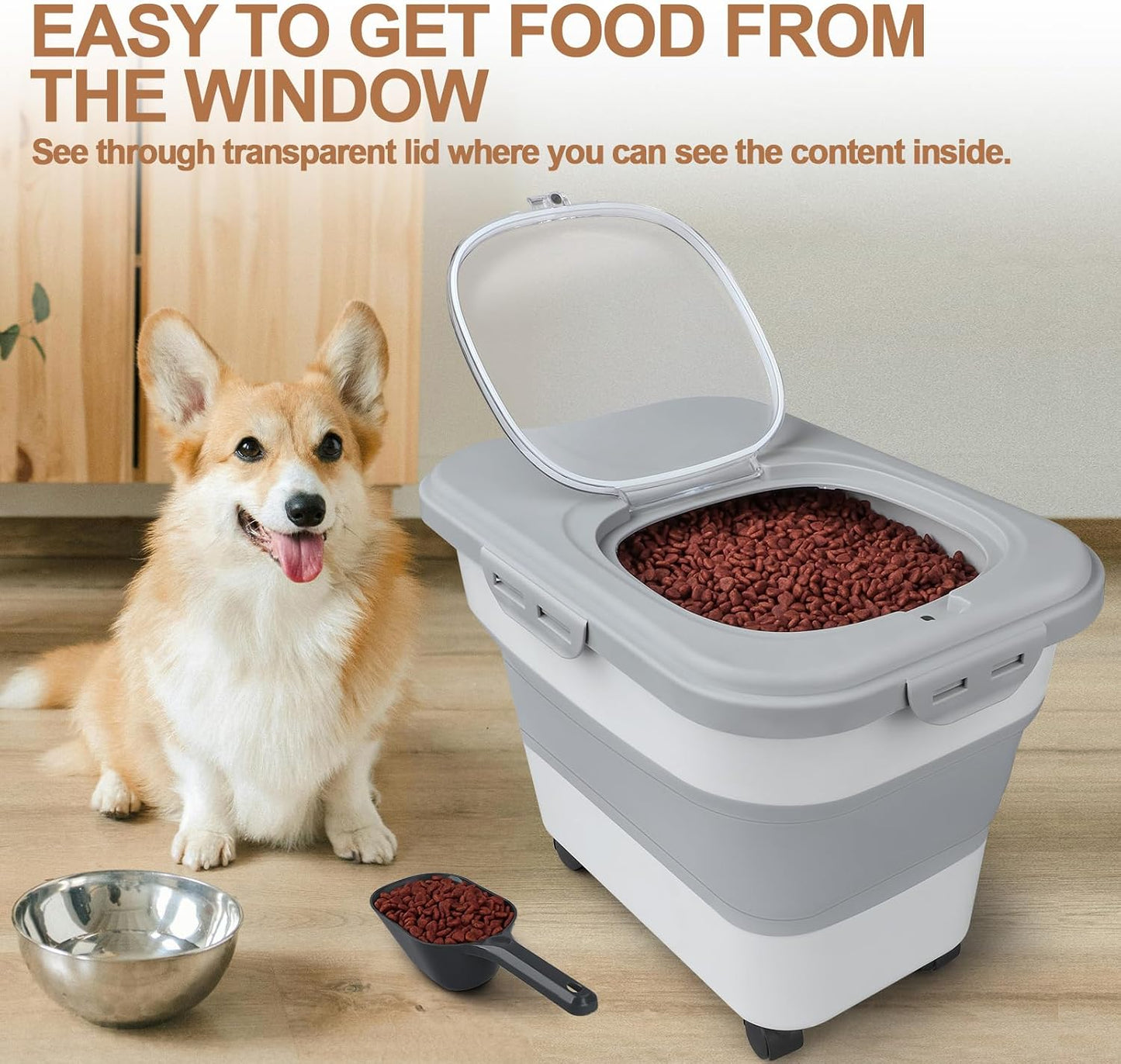 TIOVERY Dog Food Storage Container, 10lb to 13lb Collapsible Dog Cat Food Containers with Airtight Clear Flip-top and Pet Food Scoop, Pet Food Storage Container Bin for Dog Cat Bird Other Pets (Green)