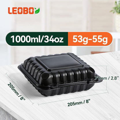 Takeout Container Mineral Filled PP Plastic - 7.8 Inch 30oz 65 Pack BPA Free 3 Compartments Shrink Wrap Bento Box | Freezer & Microwave Safe for Picnic | Black Reusable & Disposable Containers