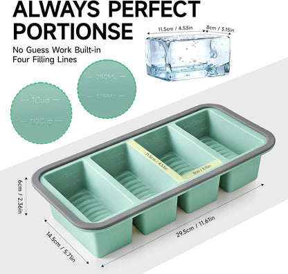 Tvmania 2-Pack Silicone Freezer Tray with Lid - 1 Cup / 4 Compartment Soup Freezer Container for Broth, Sauce & Meal Prep - Large Ice Cube Tray for Whiskey - Stackable, Easy Release, Oven Safe