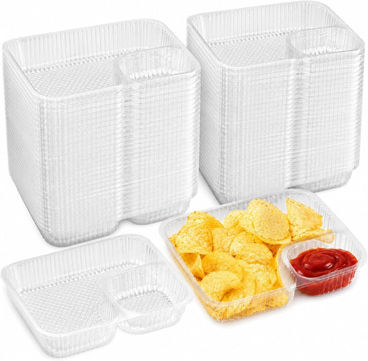 RHBLME 300 Pack Large 8"x6" Plastic Nacho Trays, 2 Compartment Disposable, Plastic Nacho Containers with Chip and Dip Holder for Party, Festivals, Kids, Theater