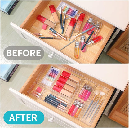 Clear Plastic Drawer Organizer Storage - 25Pcs 4 Size Desk Bathroom Kitchen Organizers and Accessories Office Organization, Vanity Stackable Drawers Bins Trays Containers Dividers Makeup Sets