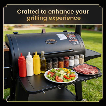 QuliMetal Folding Front Shelf for Traeger Pro 34, Texas Elite 34, Century 885 and Eastwood 34, 37" x 12" Heavy-Duty Grill Prep Table with Cutting Board, Stainless Steel Basin, Lid and 5 Hooks