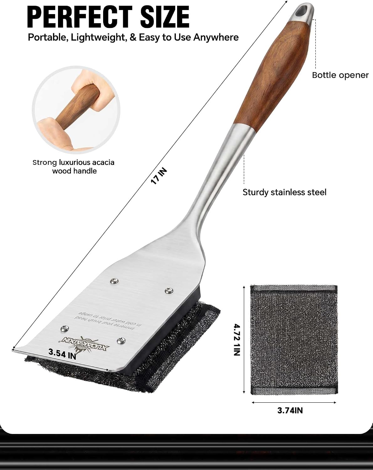 XUDKAKAIXIN Grill Brush Bristle Free,with 1 Replacement Head,Unique Steel Fibers Pad [Safe & Efficient] Perfect for Cast Iron/Stainless-Steel Grates-,Grill Cleaner for Outdoor Gril,Gifts for Men/Dad