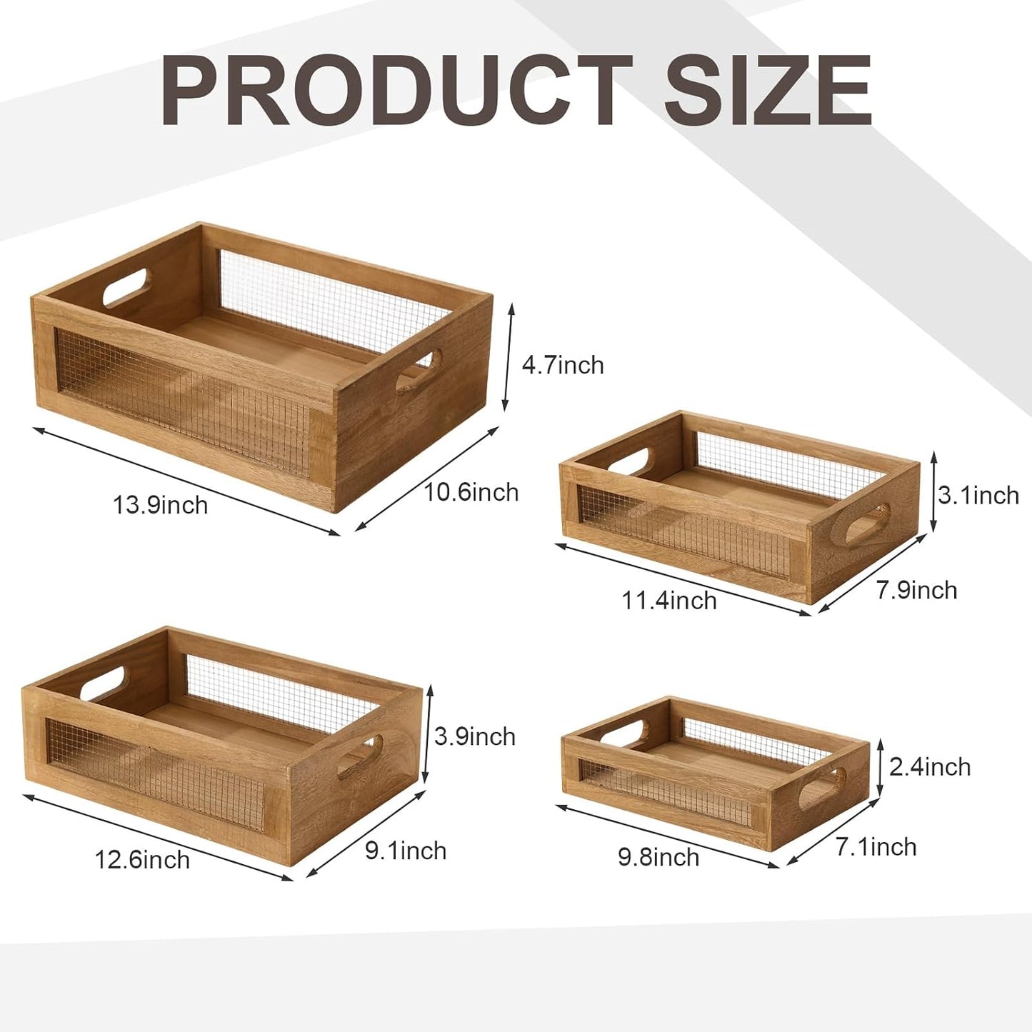 FillTouch 4 Pcs Wooden Nesting Countertop Baskets 4 Size Wooden Storage Box with Handle and Metal Wire Multipurpose Wood Organizer Crate for Fruit Vegetable Kitchen Cabinet Bathroom(Dark Brown,Small)