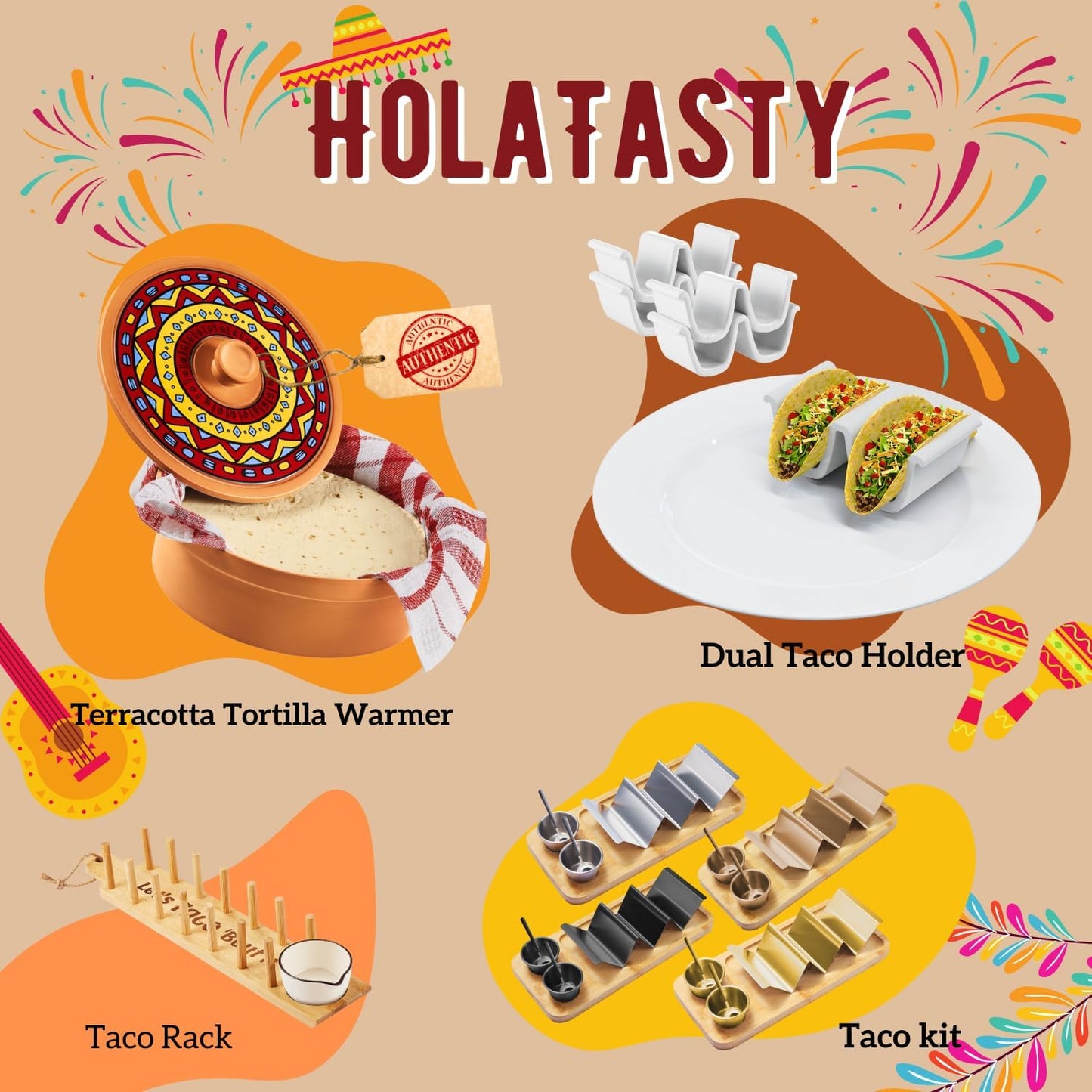 Taco Holder Kit, 3-in-1 Taco Set - Taco Shell Stand + Serving Tray + Sauce Cup, Taco Presentation Rack Plate for Taco Tuesday Bar Party, Gifts for Taco Lovers Holiday Accessories Cinco de Mayo Events