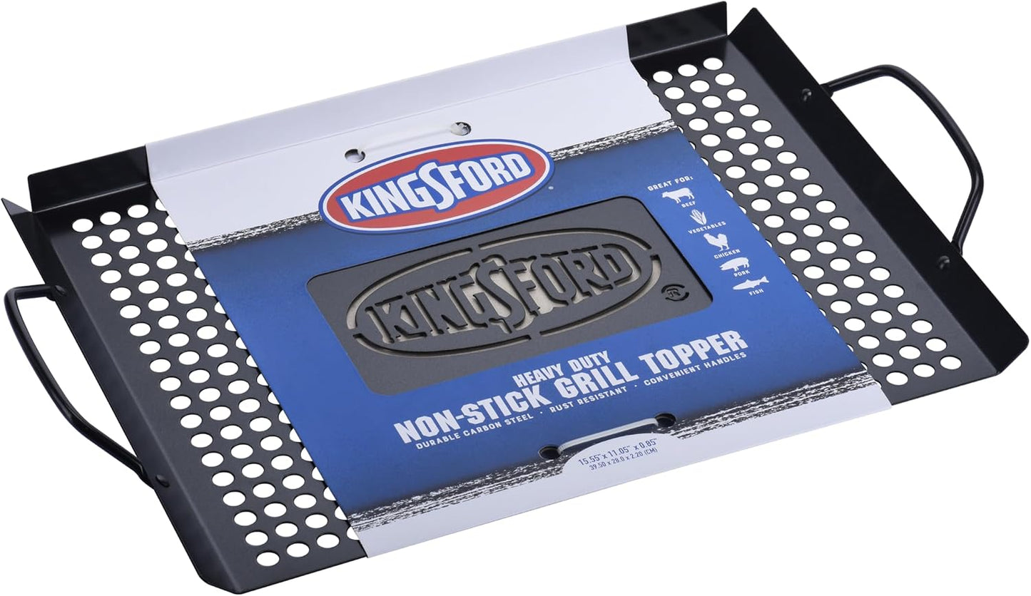Kingsford Non-Stick Grill Topper Pan, Heavy Duty Carbon Steel BBQ Grilling Tray with Handles, Perforated Surface Helps Keep Small Foods from Falling Through Grates, 15.55 x 11.05 Inch