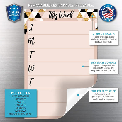 Dry Erase Weekly Calendar Planner Sticker Decal | Removable & Reusable | Magnetic Fine-Tip Marker Included (6 x 9 inches, White)
