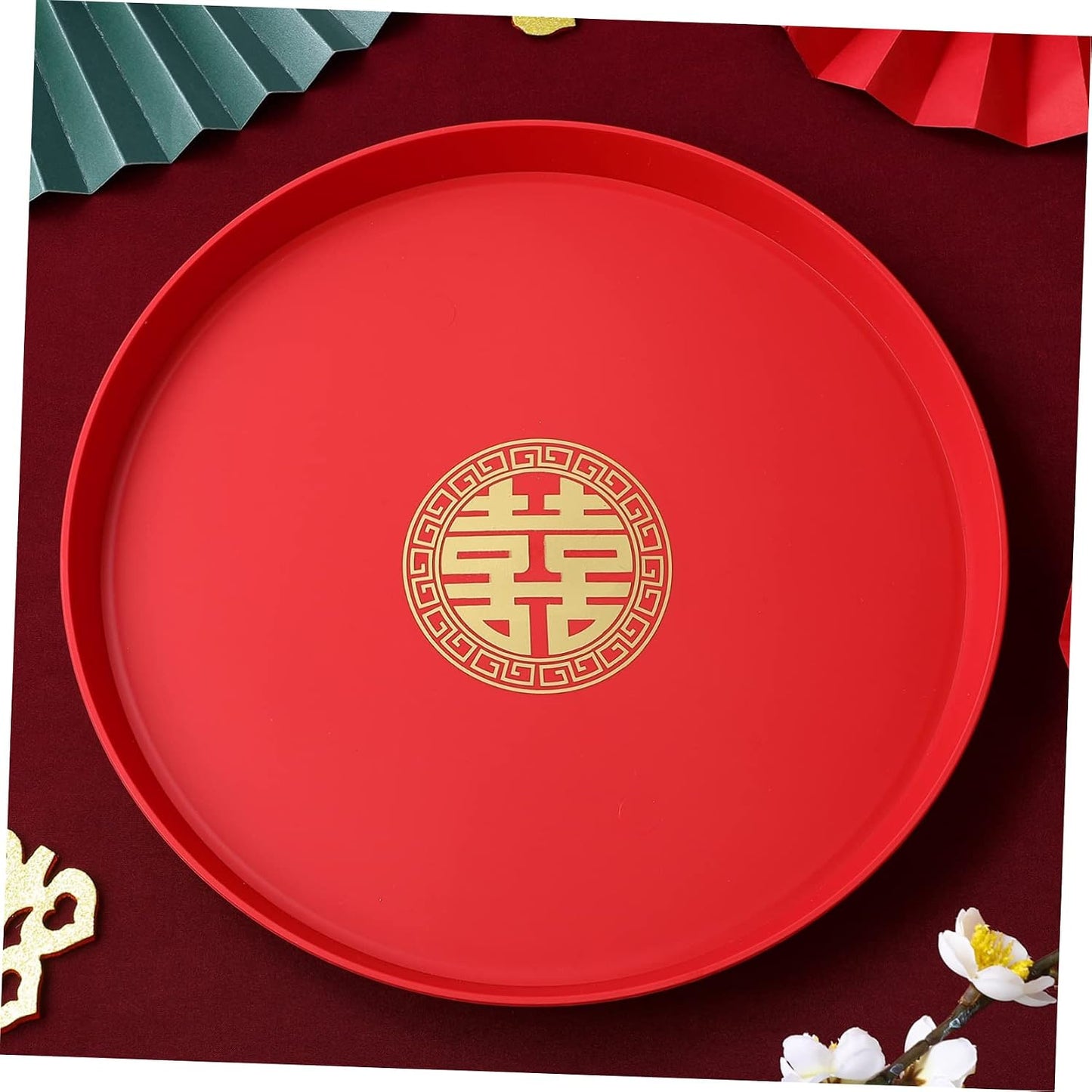 Red Round Wedding Serving Tray Chinese Style Snack Candy Dried Fruit Platter Decorative Storage Dish for Wedding Parties Family Events 13 Inch