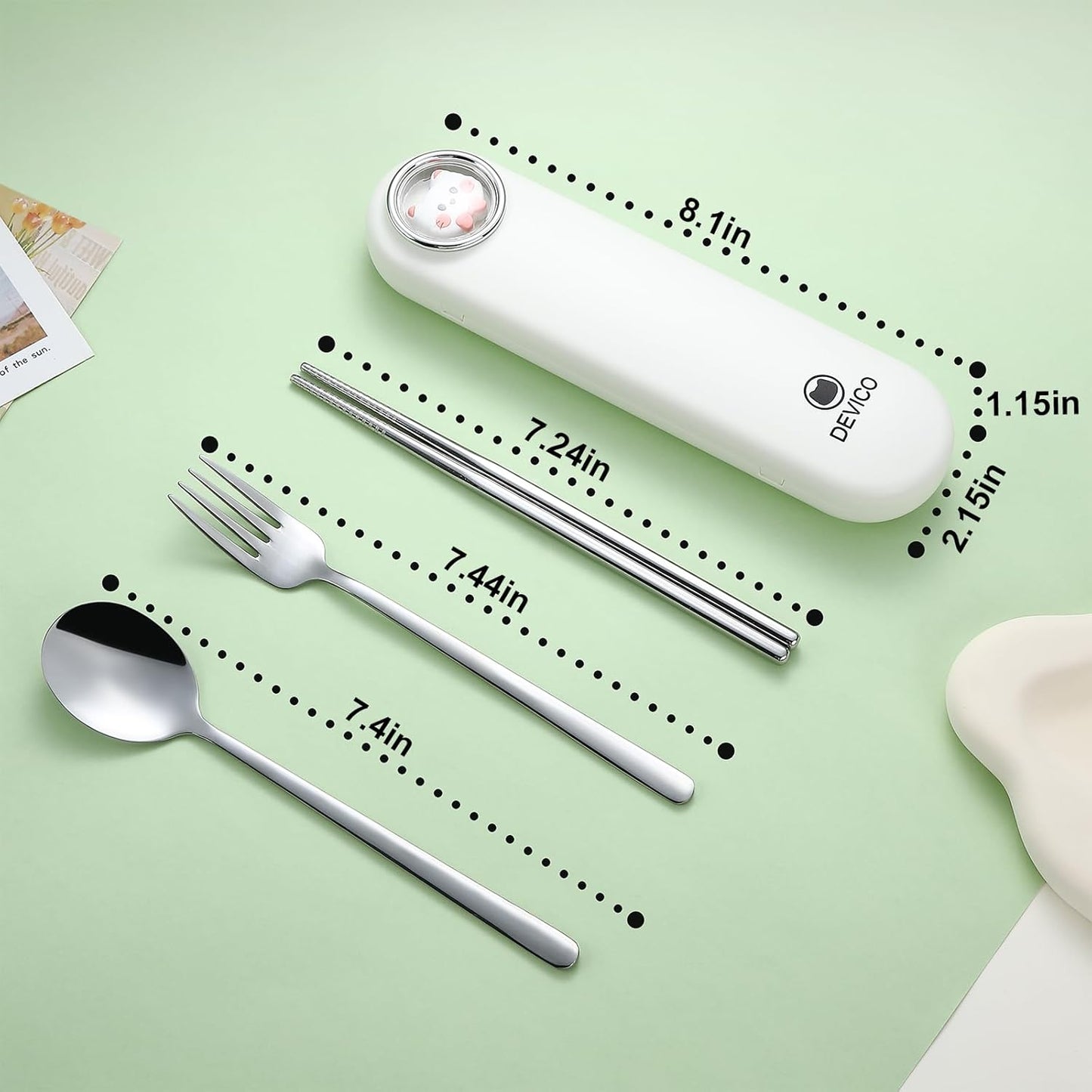DEVICO Travel Utensils with Case Cute, Reusable Silverware for Lunch, 4Pcs Portable Cutlery Set, 18/8 Stainless Steel Fork Spoon Chopsticks in Cartoon Case, Dishwasher Safe (Light Yellow)