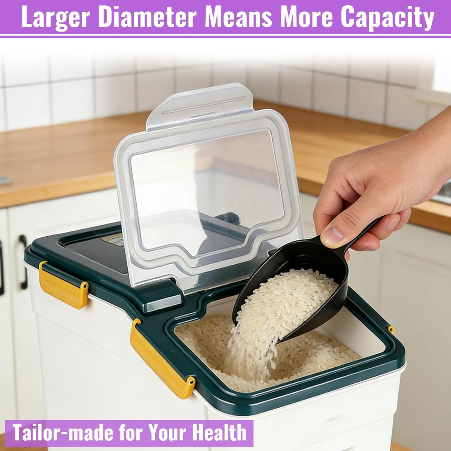 4 Pack Rice Container 25 lbs Large Bulk Flour Sugar Storage Holdhouse Plastic Grain Cereal Dry Goods Bin with Spoon and Measuring Cup for Kitchen Pantry Organization - Green
