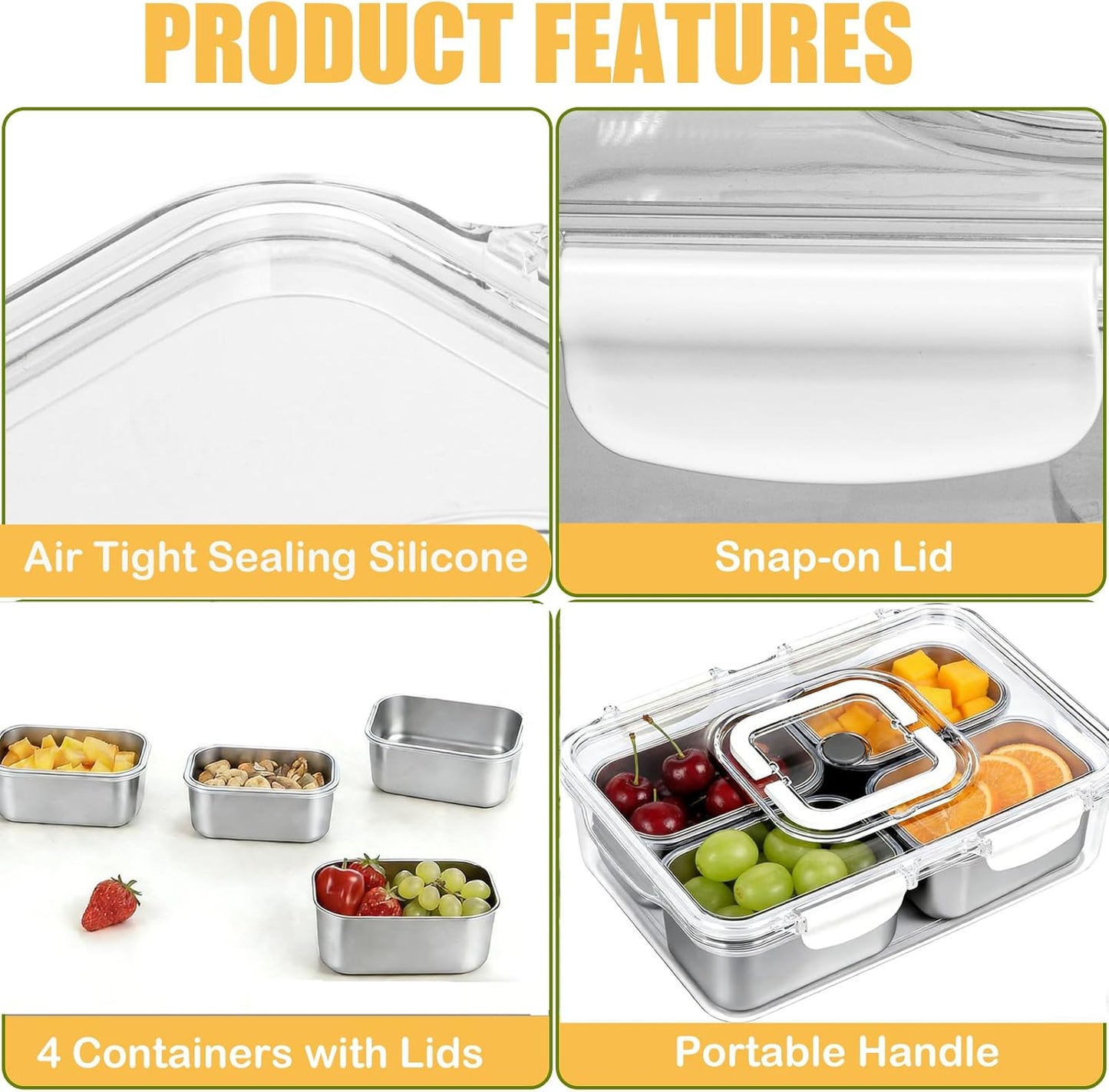 Snackle Box Container, Stainless Steel Divided Serving Tray with Lid and Handle, Large Snack Tray for Fruit Veggie Candy, 8-Compartment Snack Platter for Travel Party Beach Picnic