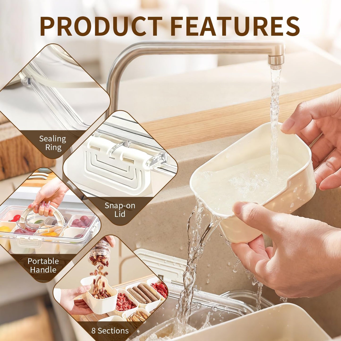 Snackle Box Container,Portable Snack Box 8 Compartment Divided Serving Tray with Lid and Handle,Clear Storage Organizer for Fruit Candy Nuts -Perfect for Road Travel Party（1 Pack）
