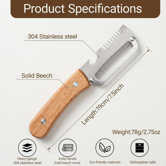 3-in-1 Vegetable Peeler with Wooden Handle - Stainless Steel Swivel Peeler, Julienne Shredder & Bottle Opener - Professional Kitchen Tool for Potatoes, Carrots, Zucchini & Salads