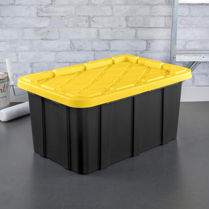 Sterilite 4-Pack 27 Gallon Industrial Storage Tote, Heavy-Duty Plastic Bins, Black/Yellow - Stackable Utility Organizers with Lids for Garage, Camping Tools, and Outdoor Gear